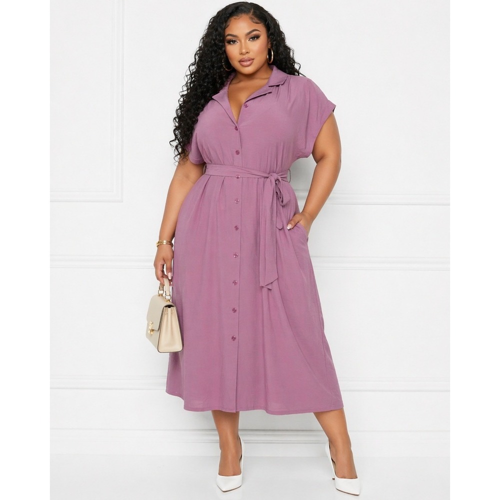 Montgomery Post Women 2X Mauve Purple Button Down Belted Midi‎ Dress NEW